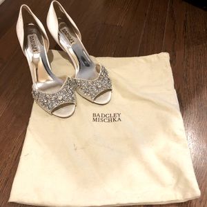 Badgley Mischka white satin wedding shoes